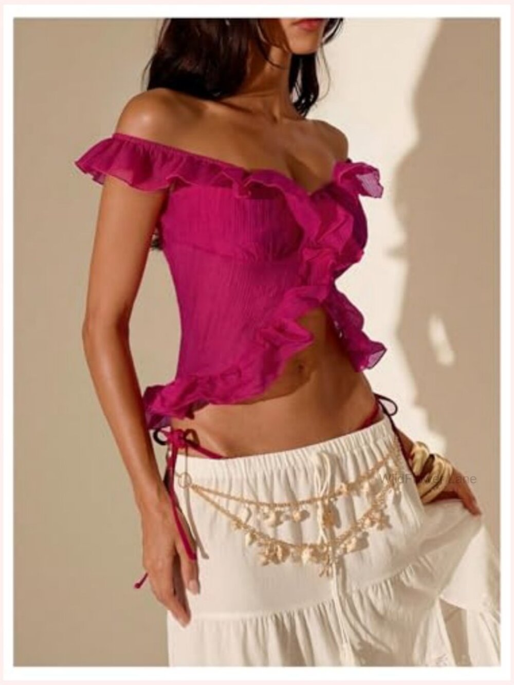 Off Shoulder Ruffle Trim Chiffon Blouse Y2k Cap Sleeve Split Top - Picture 3 of 5